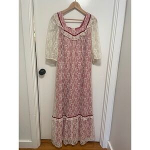 Andrade Honolulu Vintage Lace Maxi Dress Pink Square Neck 3/4 Sleeve XS